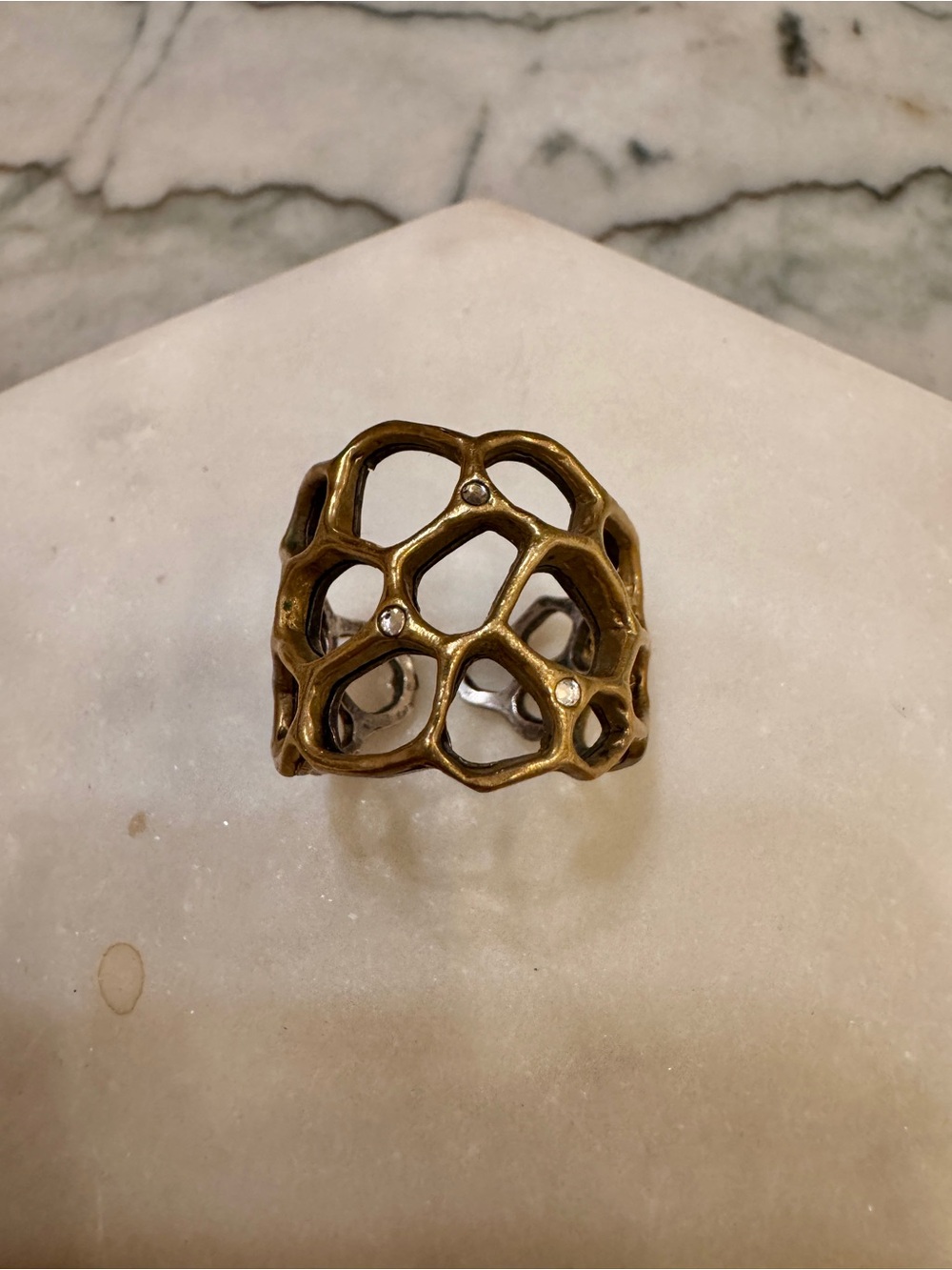 Free People Wide Honeycomb Lattice Statement Adjustable Ring Gold with Crystals